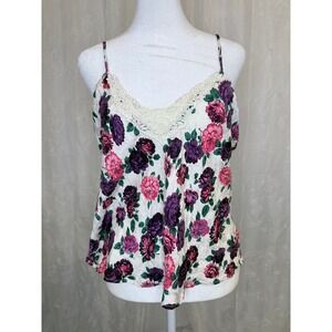 Silkscreen Womens 100% Silk Floral Lace Trim Cami Tank Top Purple Pink Large